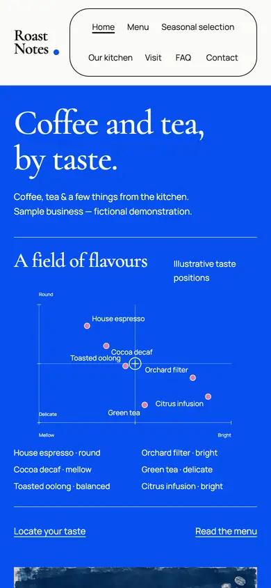 Look 1, Roast Notes: sample home page on a phone