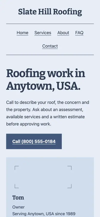 Look 1, Roofing inspection ticket: sample home page on a phone