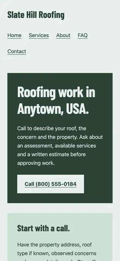 Look 2, Neighborhood roofing truck: sample home page on a phone