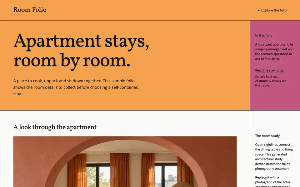 Look 1, Room Folio: sample home page on a computer