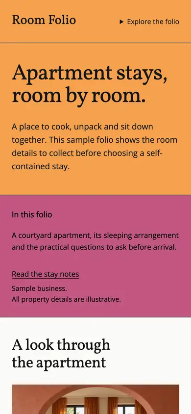 Look 1, Room Folio: sample home page on a phone