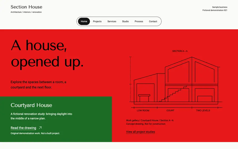 Look 1, Section House: sample home page on a computer