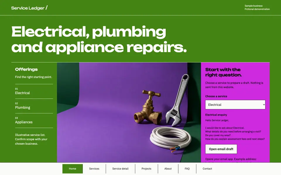 Look 1, Service Ledger: sample home page on a computer
