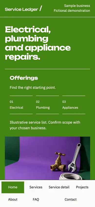 Look 1, Service Ledger: sample home page on a phone
