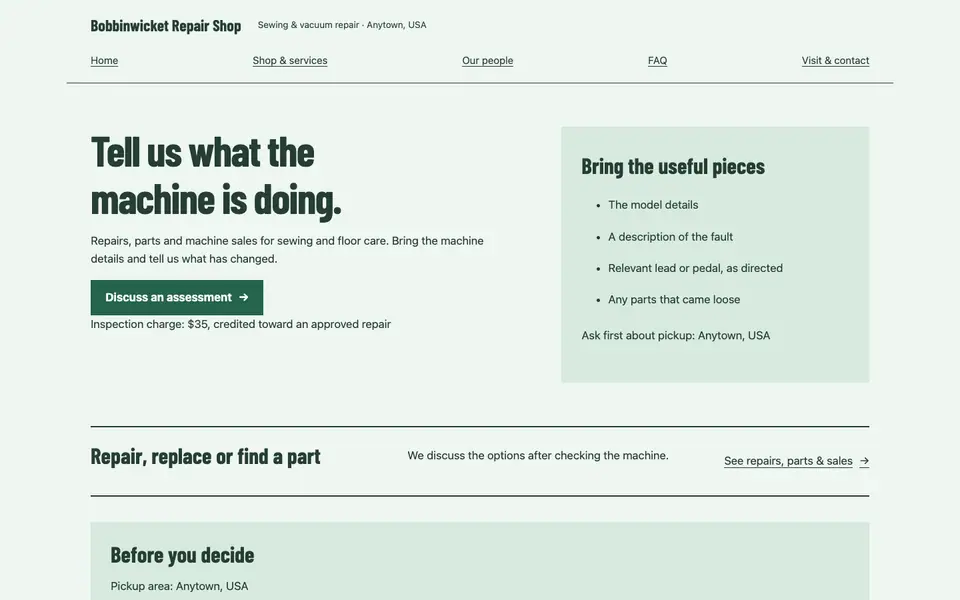 Look 2, Machine service bench: sample home page on a computer