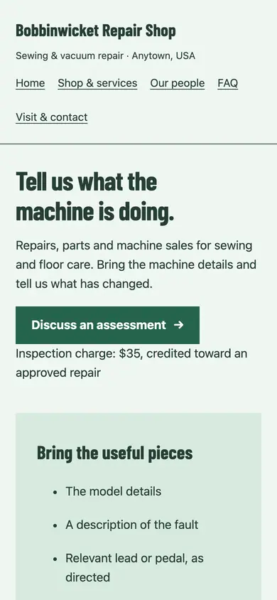 Look 2, Machine service bench: sample home page on a phone