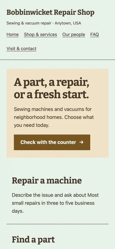 Look 3, Parts and machines directory: sample home page on a phone
