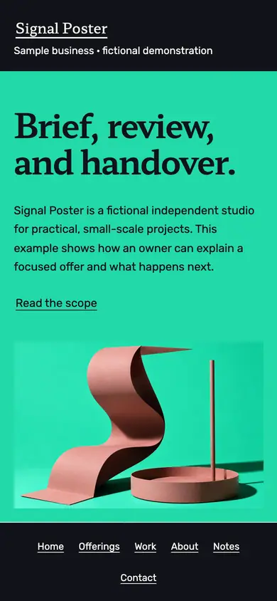 Look 1, Signal Poster: sample home page on a phone