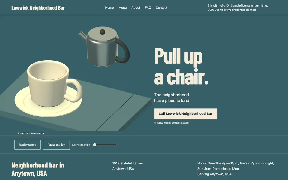 Look 1, Slow Pour: sample home page on a computer