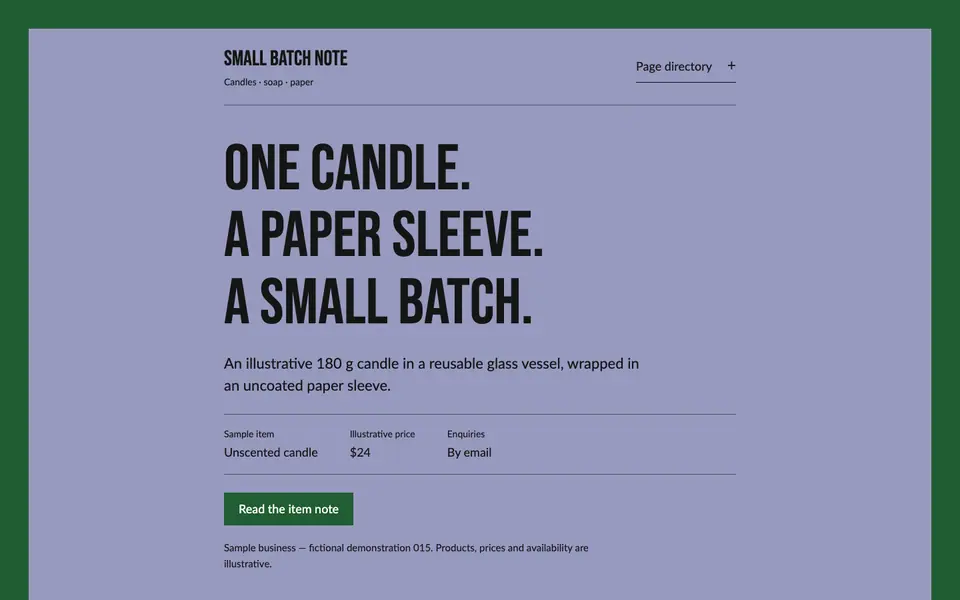 Look 1, Small Batch Note: sample home page on a computer
