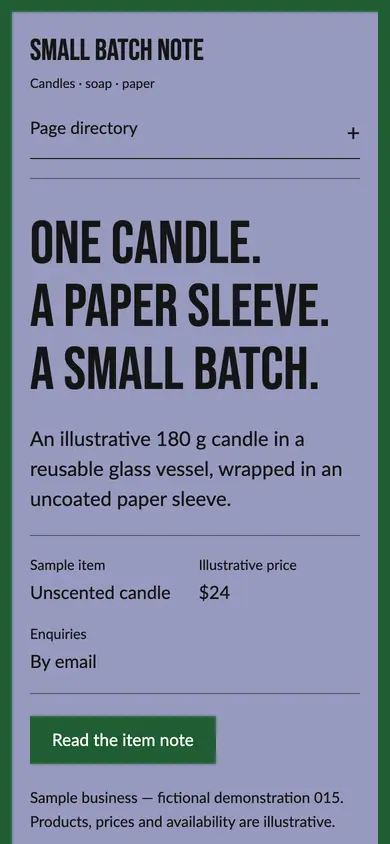 Look 1, Small Batch Note: sample home page on a phone