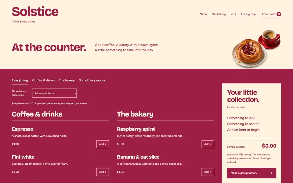Look 1, Solstice: sample home page on a computer