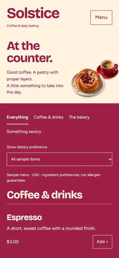 Look 1, Solstice: sample home page on a phone