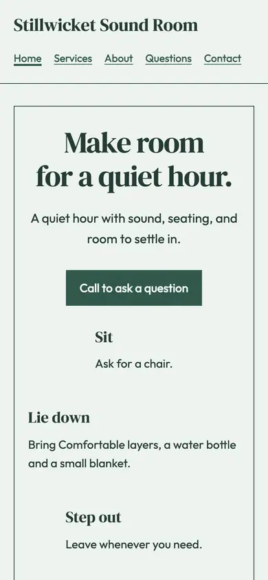 Look 1, Listening room seating: sample home page on a phone
