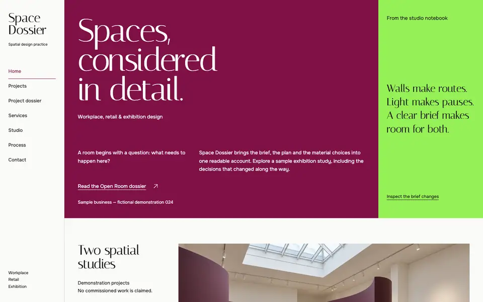 Look 1, Space Dossier: sample home page on a computer