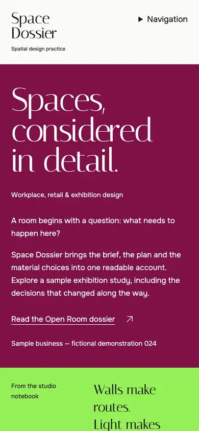 Look 1, Space Dossier: sample home page on a phone