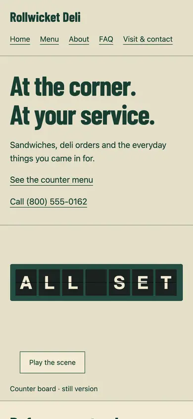 Look 1, Split-flap board: sample home page on a phone