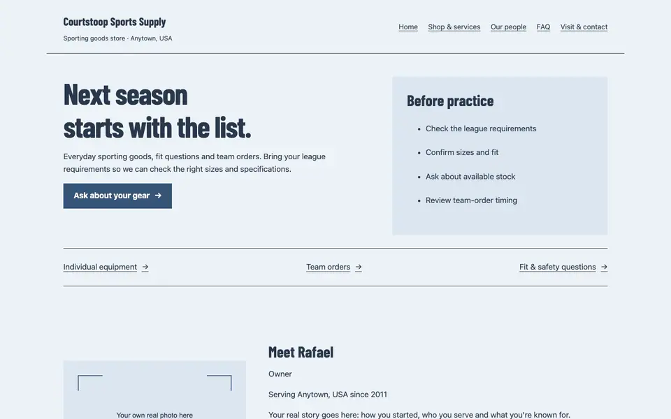 Look 1, Season equipment list: sample home page on a computer