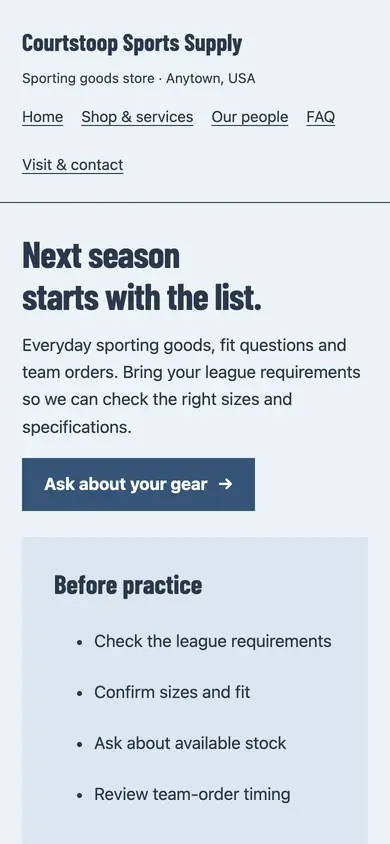 Look 1, Season equipment list: sample home page on a phone