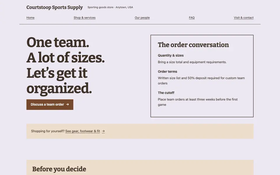 Look 2, Team order board: sample home page on a computer