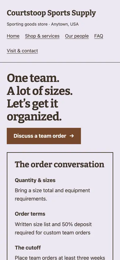 Look 2, Team order board: sample home page on a phone