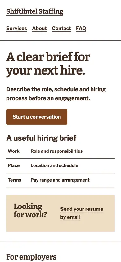 Look 3, Hiring brief exchange: sample home page on a phone