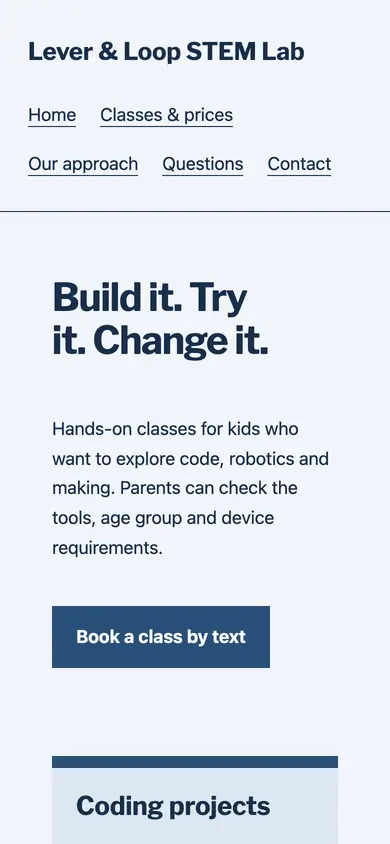 Look 3, Coding or robotics lab: sample home page on a phone