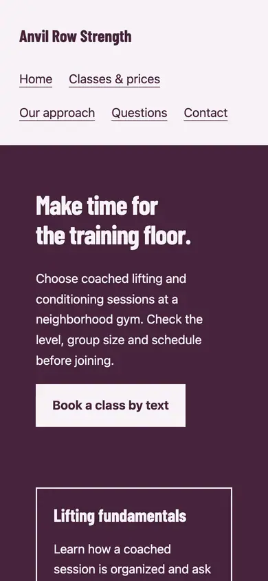 Look 1, Training floor zones: sample home page on a phone