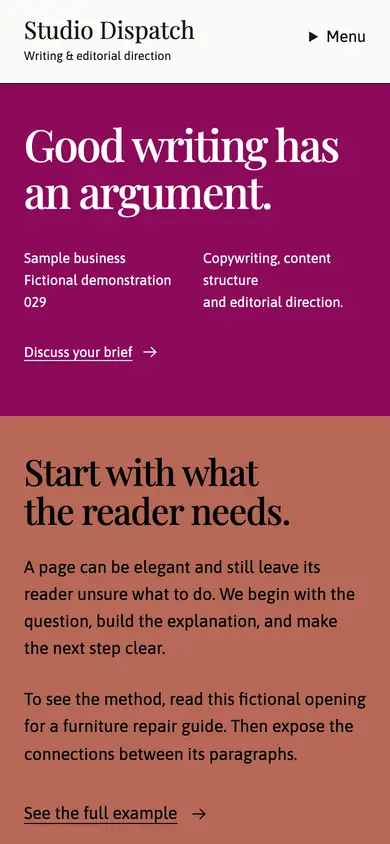 Look 1, Studio Dispatch: sample home page on a phone