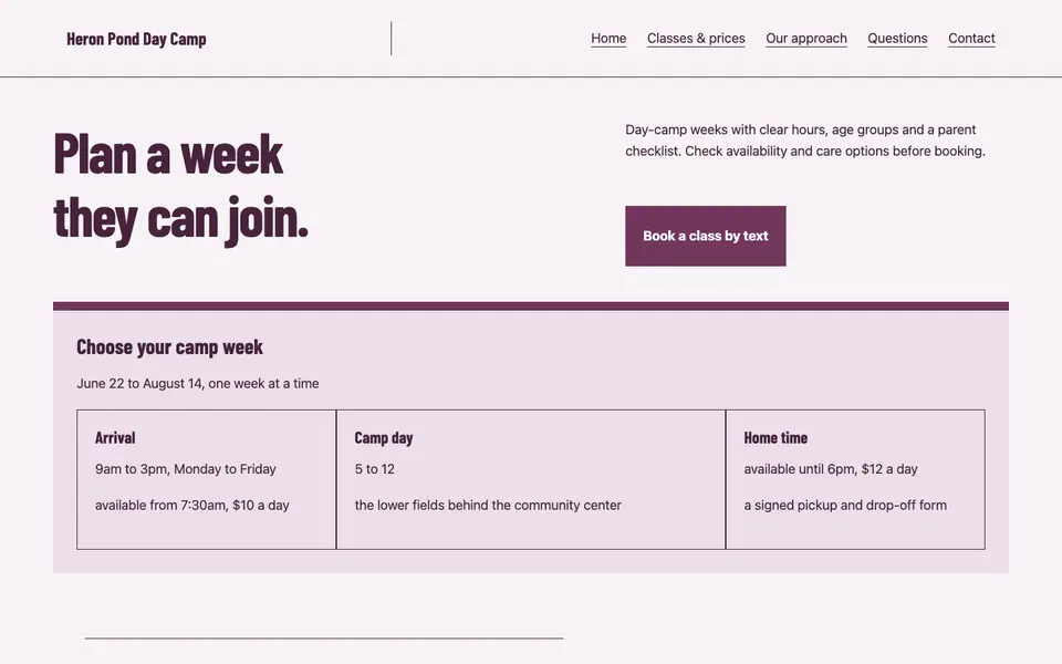 Look 1, Camp week calendar: sample home page on a computer