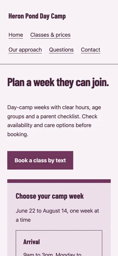 Look 1, Camp week calendar: sample home page on a phone