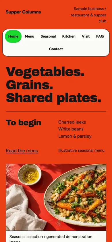 Look 1, Supper Columns: sample home page on a phone