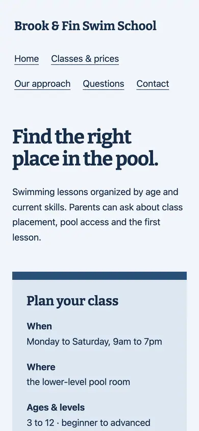 Look 2, Pool-deck schedule: sample home page on a phone