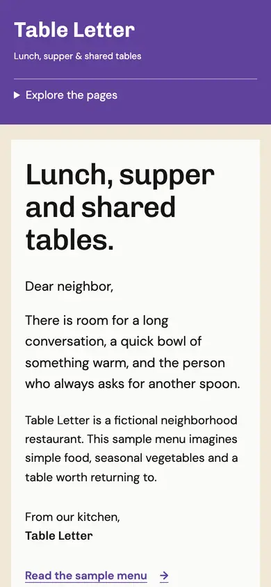 Look 1, Table Letter: sample home page on a phone