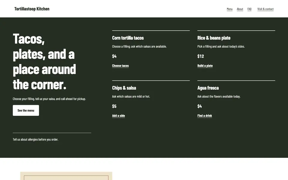 Look 1, Corner menu board: sample home page on a computer