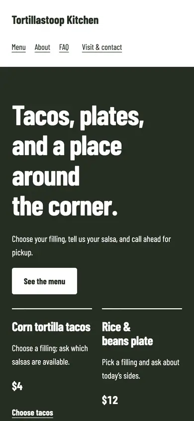 Look 1, Corner menu board: sample home page on a phone