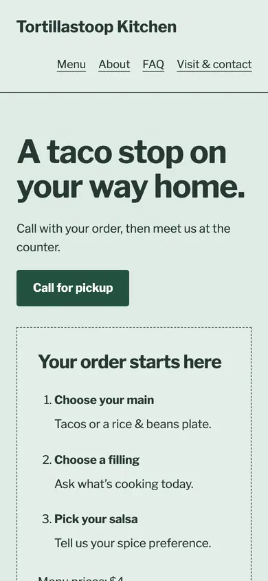 Look 2, Pickup order ticket: sample home page on a phone
