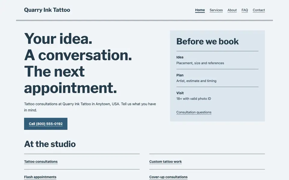 Look 1, Neighborhood tattoo appointment ledger: sample home page on a computer