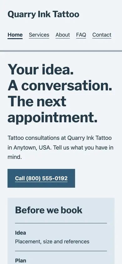 Look 1, Neighborhood tattoo appointment ledger: sample home page on a phone