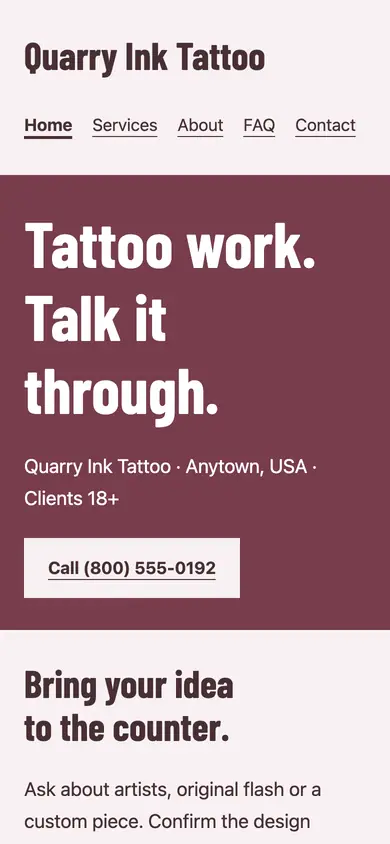 Look 2, Streetfront tattoo sign: sample home page on a phone