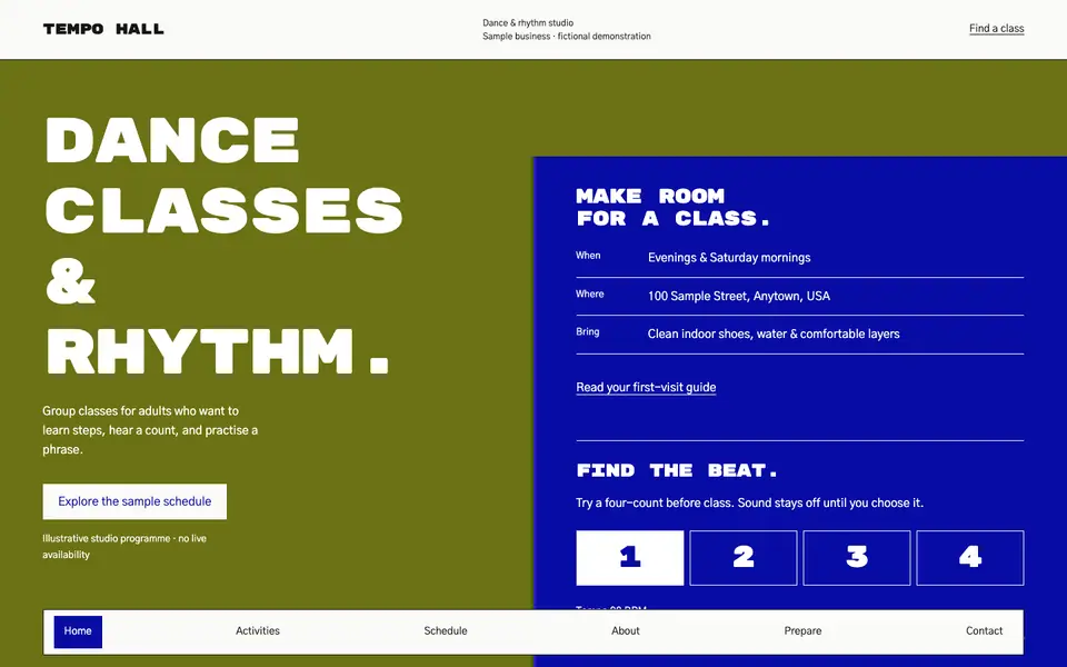 Look 1, Tempo Hall: sample home page on a computer