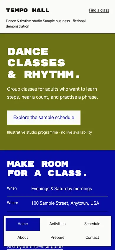 Look 1, Tempo Hall: sample home page on a phone