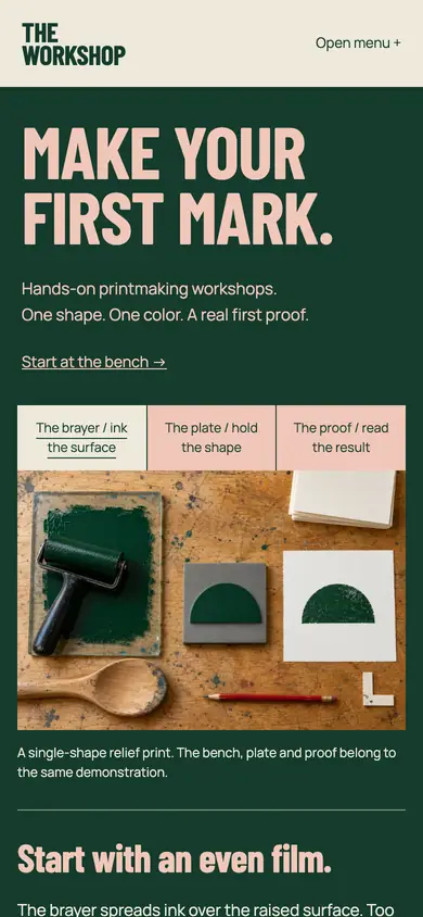 Look 1, The Workshop: sample home page on a phone