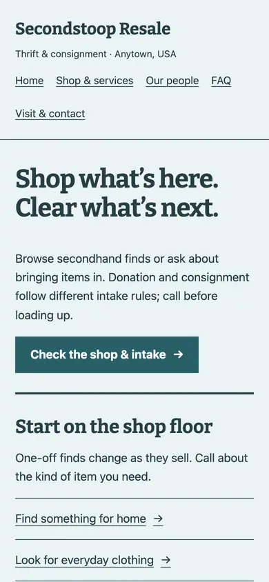 Look 1, Secondhand neighborhood directory: sample home page on a phone