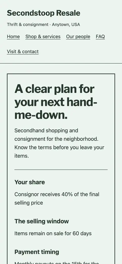 Look 2, Consignor agreement sheet: sample home page on a phone