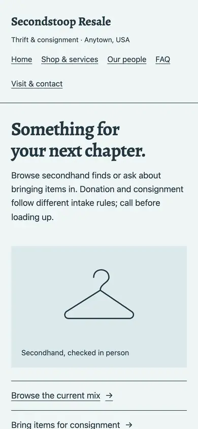 Look 3, Secondhand shop aisle: sample home page on a phone
