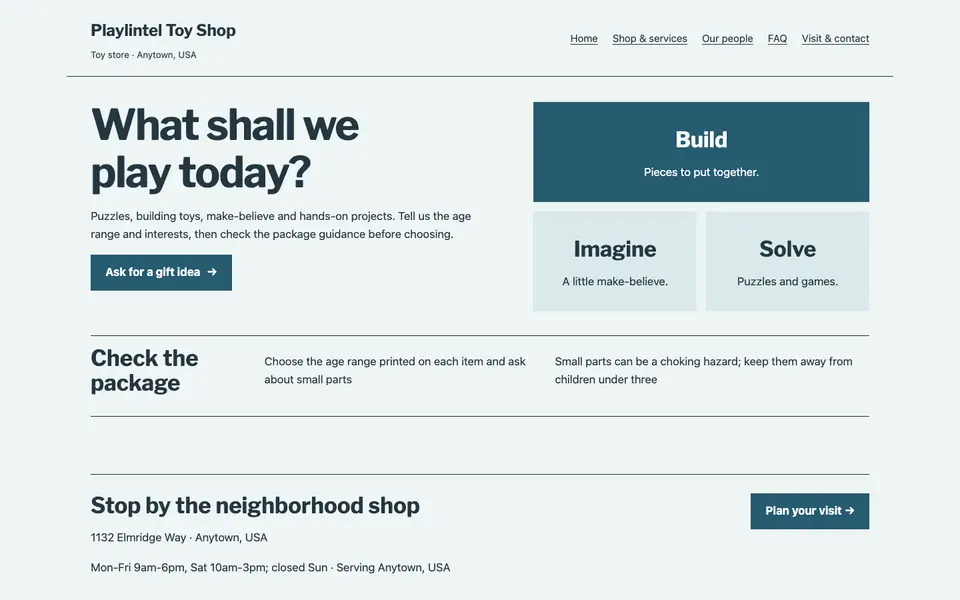 Look 1, Play choice blocks: sample home page on a computer