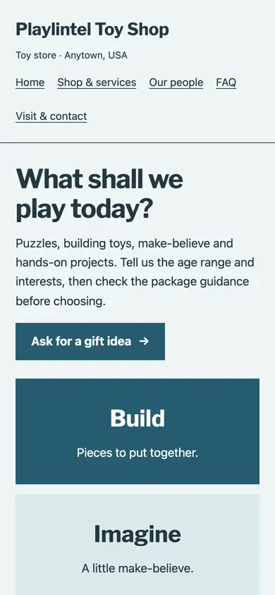 Look 1, Play choice blocks: sample home page on a phone