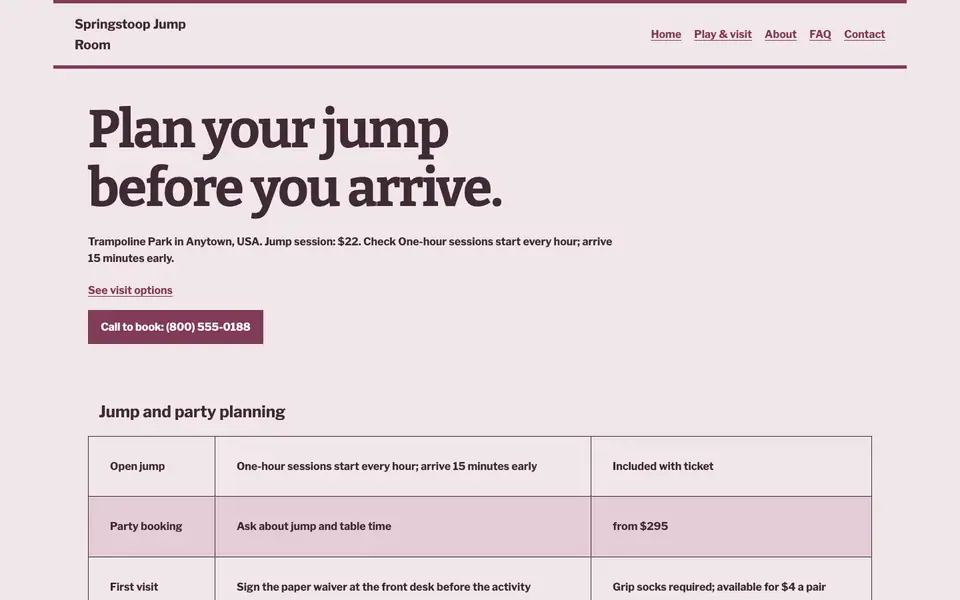Look 3, Jump and party timetable: sample home page on a computer
