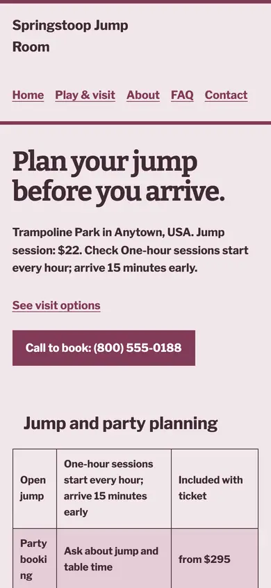 Look 3, Jump and party timetable: sample home page on a phone